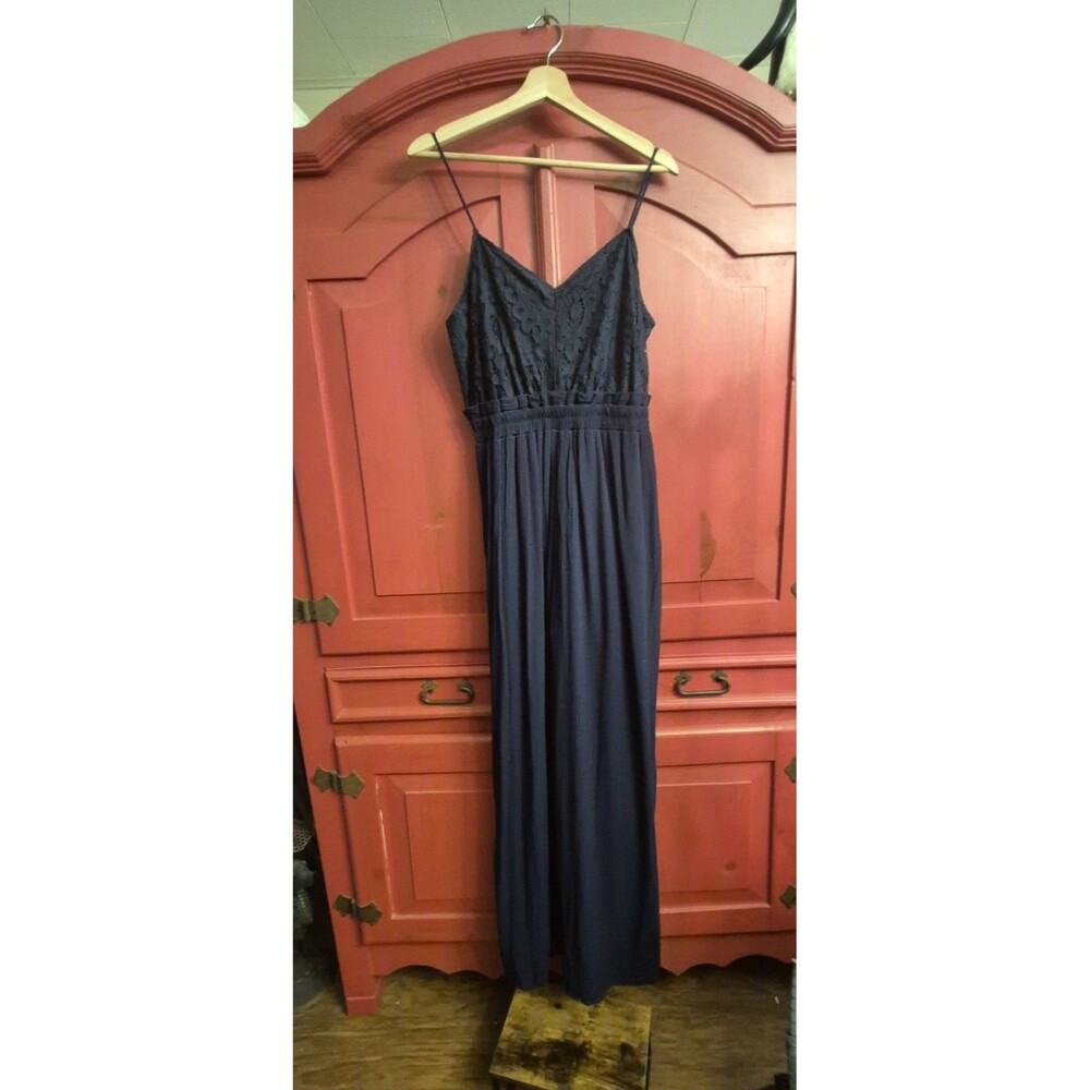 Maurices Large Navy Blue Lace Top Jumpsuit Spaghetti Strap Wide Leg One Piece
